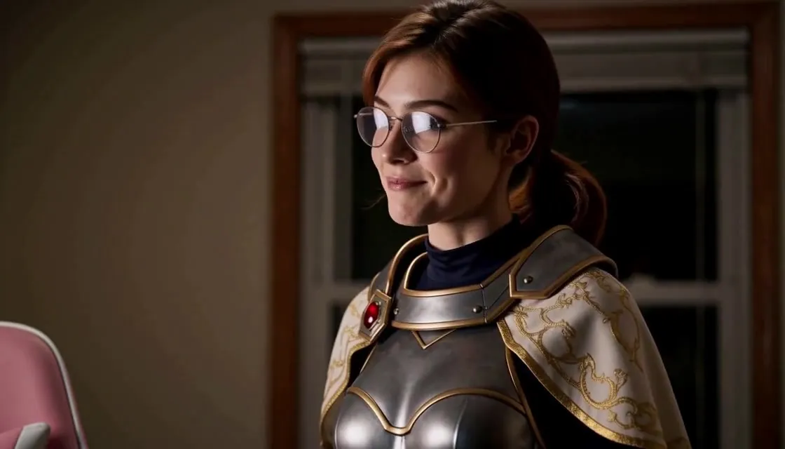Riley, in glasses and plate armor with a gold-trimmed cape, smiles in her bedroom at night.